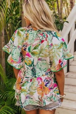 Discount Dear-Lover Tropical Floral Print Ruffled Short Sleeve Blouse White
