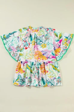 Discount Dear-Lover Tropical Floral Print Ruffled Short Sleeve Blouse White