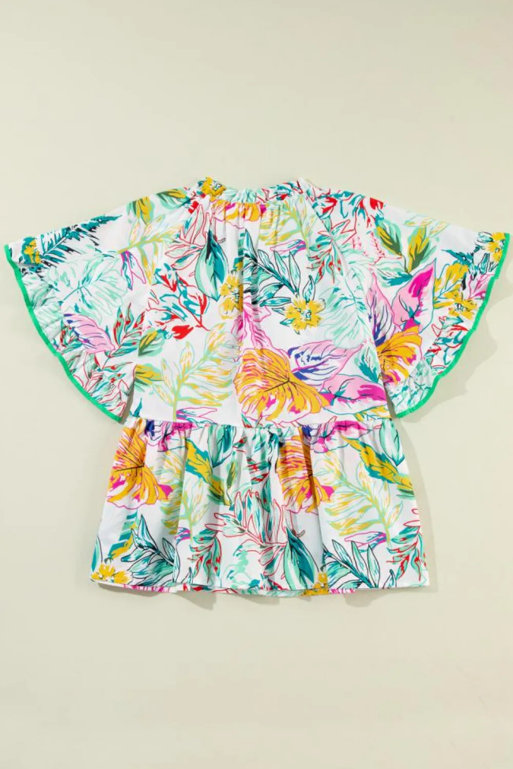 Discount Dear-Lover Tropical Floral Print Ruffled Short Sleeve Blouse White