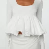 Hot Dear-Lover U Neck Long Sleeve Bubble Hem Top White