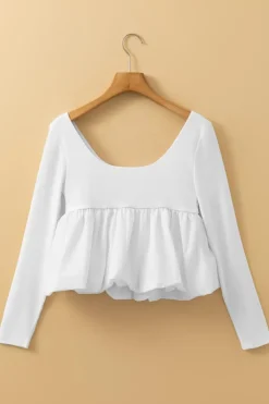 Hot Dear-Lover U Neck Long Sleeve Bubble Hem Top White