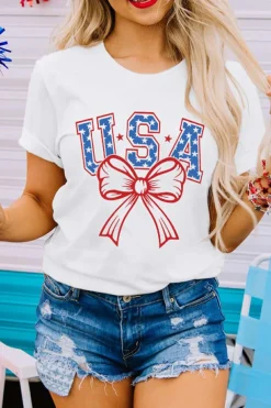 Outlet Dear-Lover USA Bow Letter Graphic Short Sleeve Top White