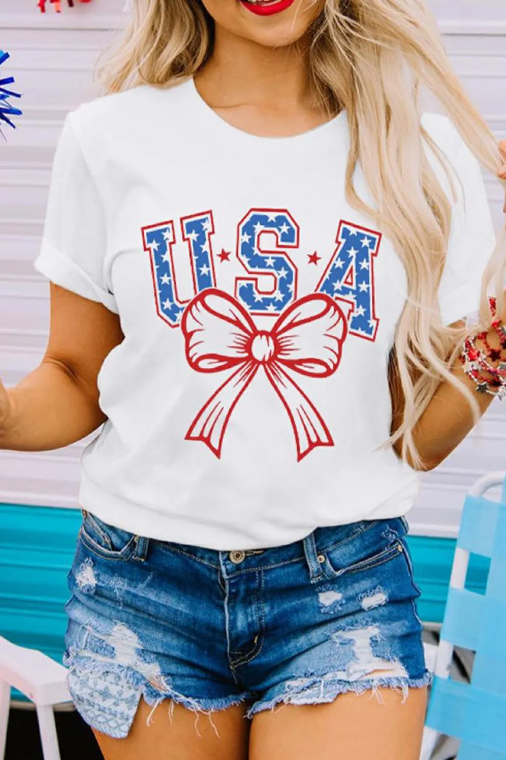 Outlet Dear-Lover USA Bow Letter Graphic Short Sleeve Top White