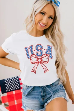Outlet Dear-Lover USA Bow Letter Graphic Short Sleeve Top White