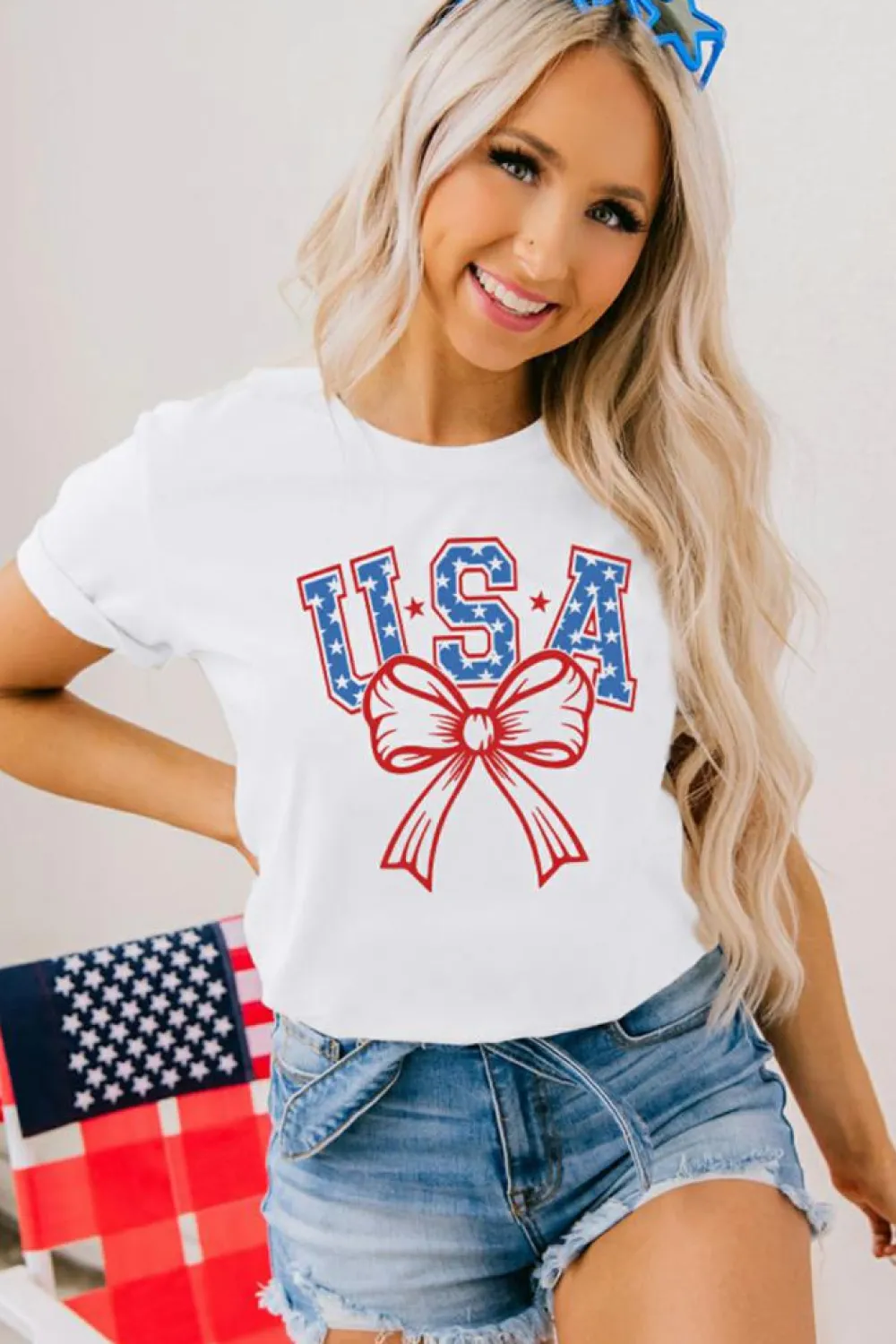 Outlet Dear-Lover USA Bow Letter Graphic Short Sleeve Top White
