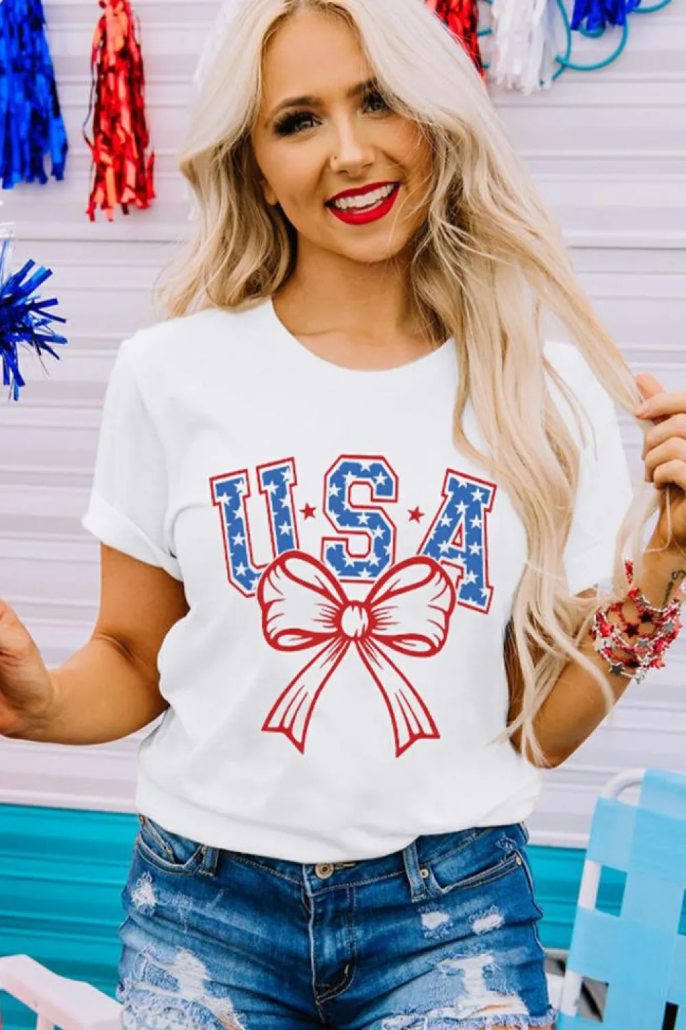 Outlet Dear-Lover USA Bow Letter Graphic Short Sleeve Top White