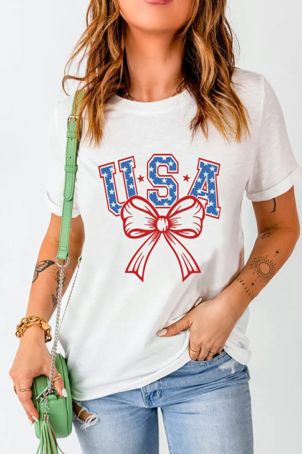 Outlet Dear-Lover USA Bow Letter Graphic Short Sleeve Top White