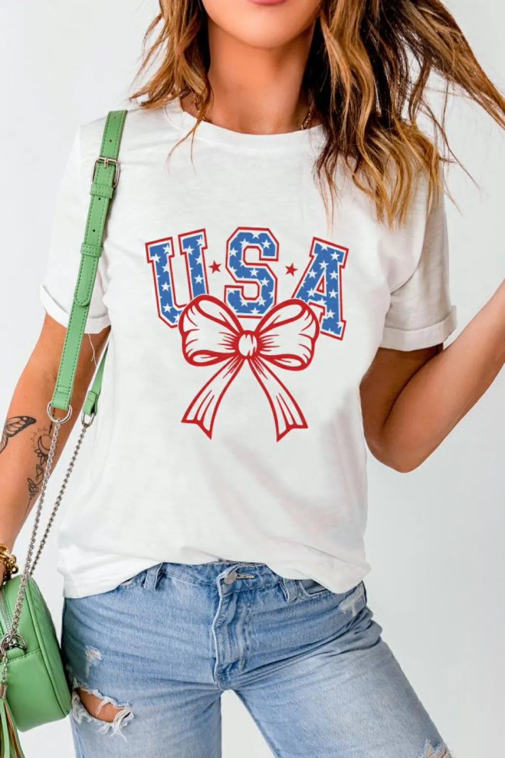 Outlet Dear-Lover USA Bow Letter Graphic Short Sleeve Top White