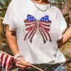 Fashion Dear-Lover USA Flag Bow Knot Patched Crew Neck T Shirt White
