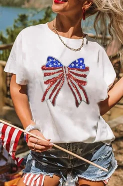 Fashion Dear-Lover USA Flag Bow Knot Patched Crew Neck T Shirt White