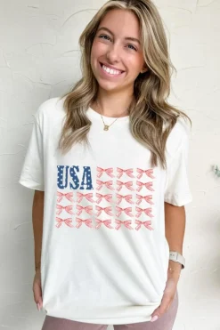 Discount Dear-Lover USA Flag Bow Knot Print Round Neck T Shirt White