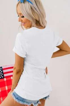 Fashion Dear-Lover USA Flag Bow Knot Patched Crew Neck T Shirt White