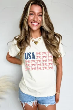 Discount Dear-Lover USA Flag Bow Knot Print Round Neck T Shirt White