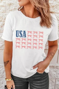 Discount Dear-Lover USA Flag Bow Knot Print Round Neck T Shirt White