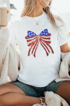 Fashion Dear-Lover USA Flag Bow Knot Patched Crew Neck T Shirt White