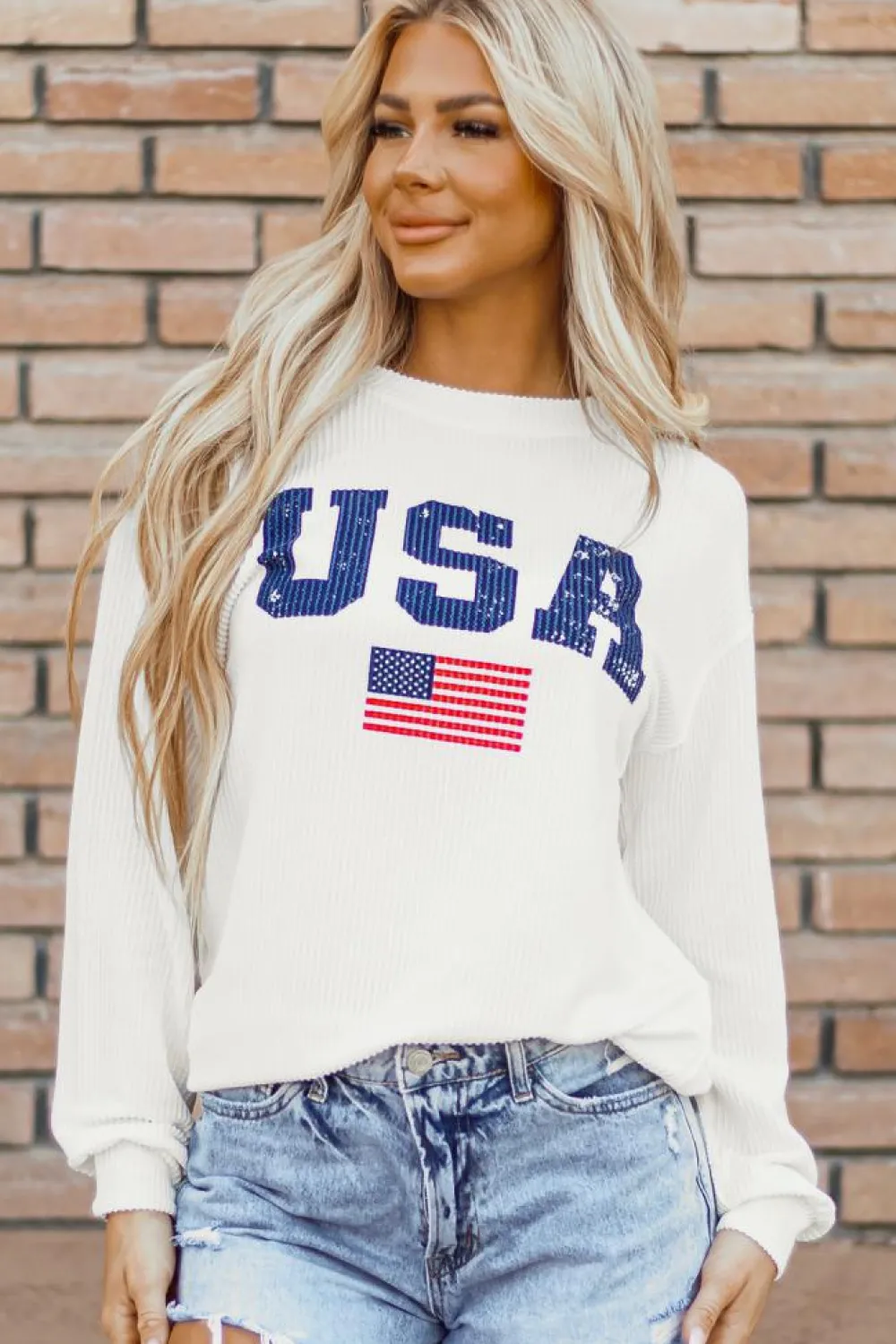 Hot Dear-Lover USA Flag Corded Graphic Sweatshirt White
