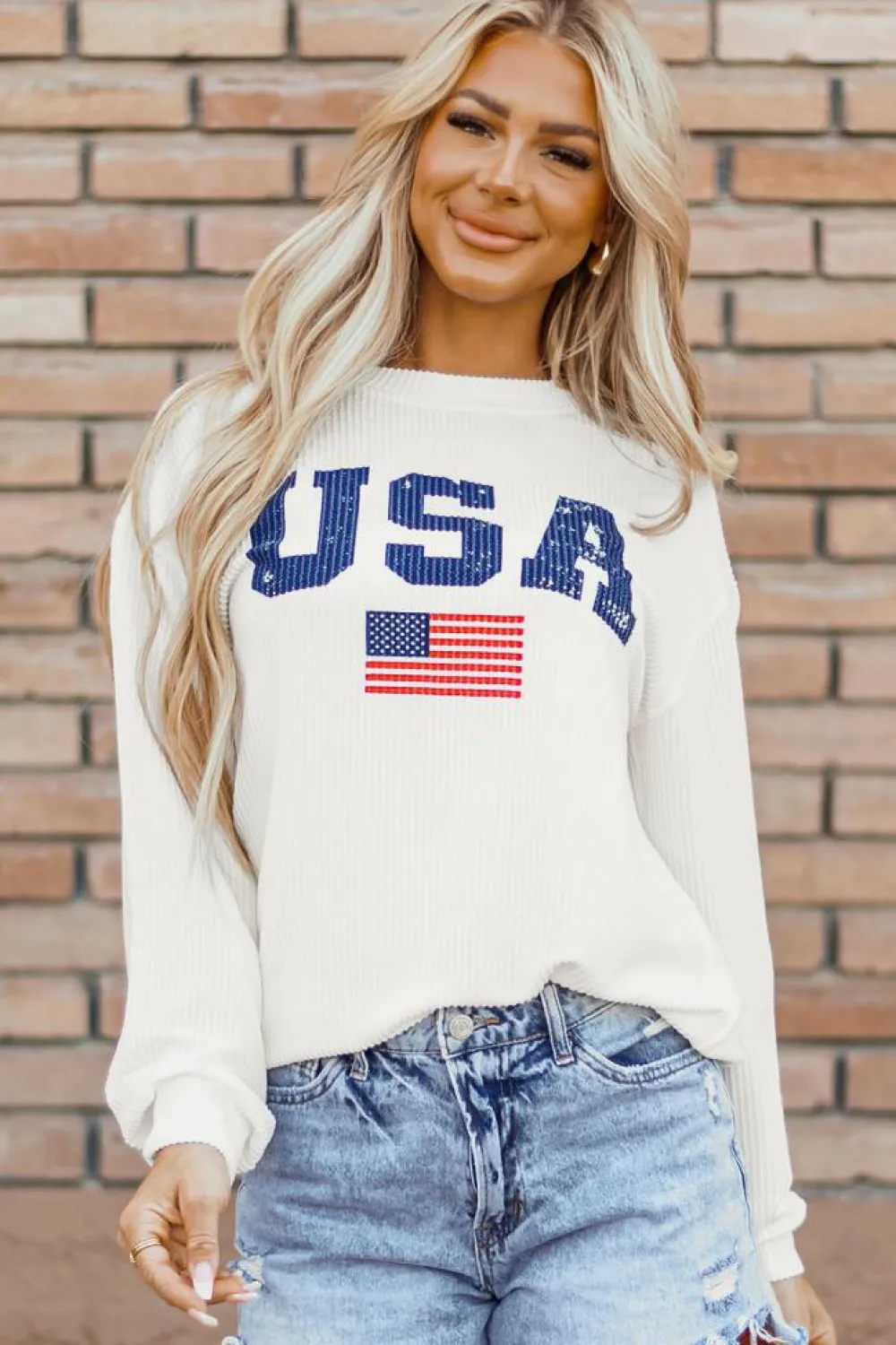 Hot Dear-Lover USA Flag Corded Graphic Sweatshirt White