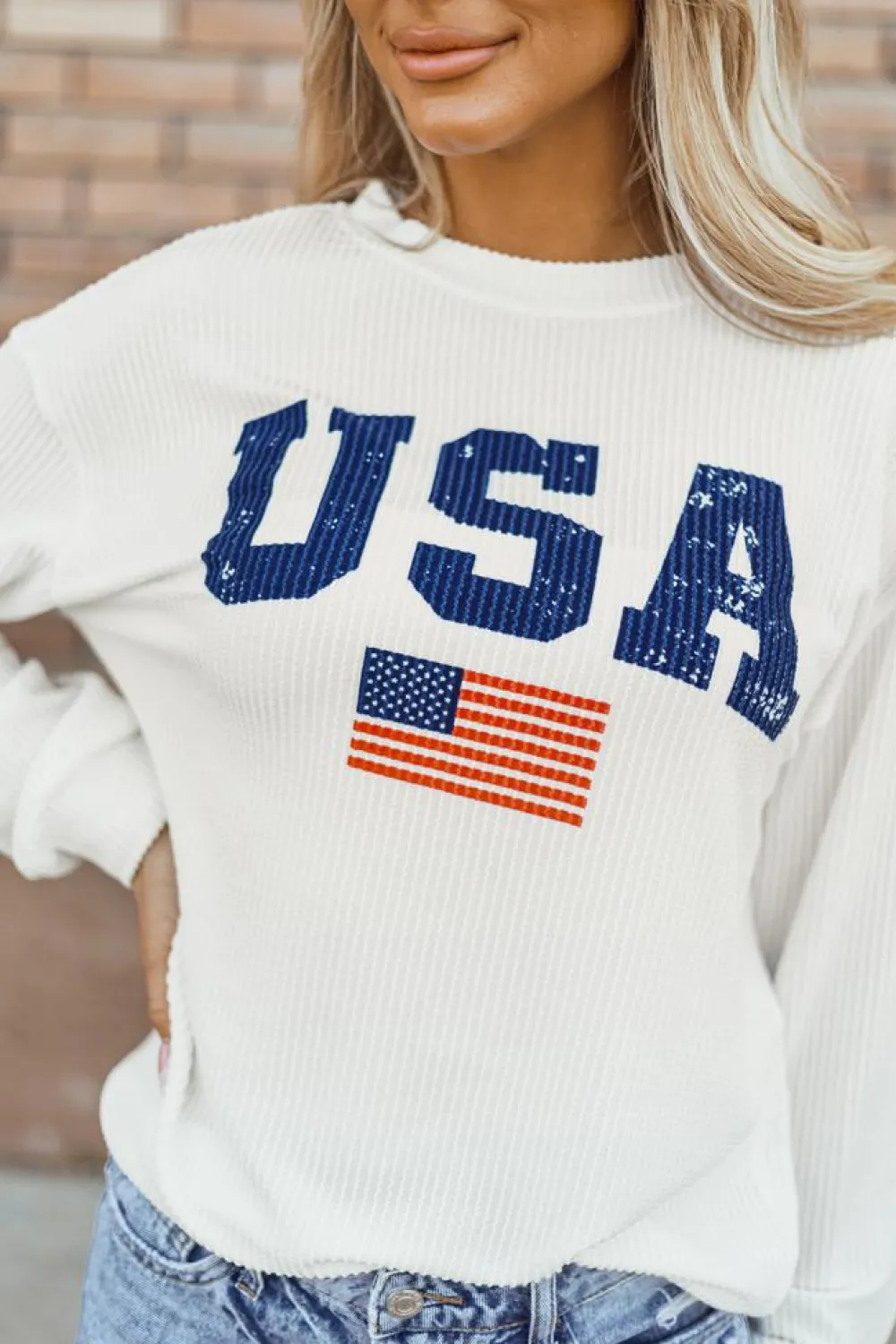 Hot Dear-Lover USA Flag Corded Graphic Sweatshirt White