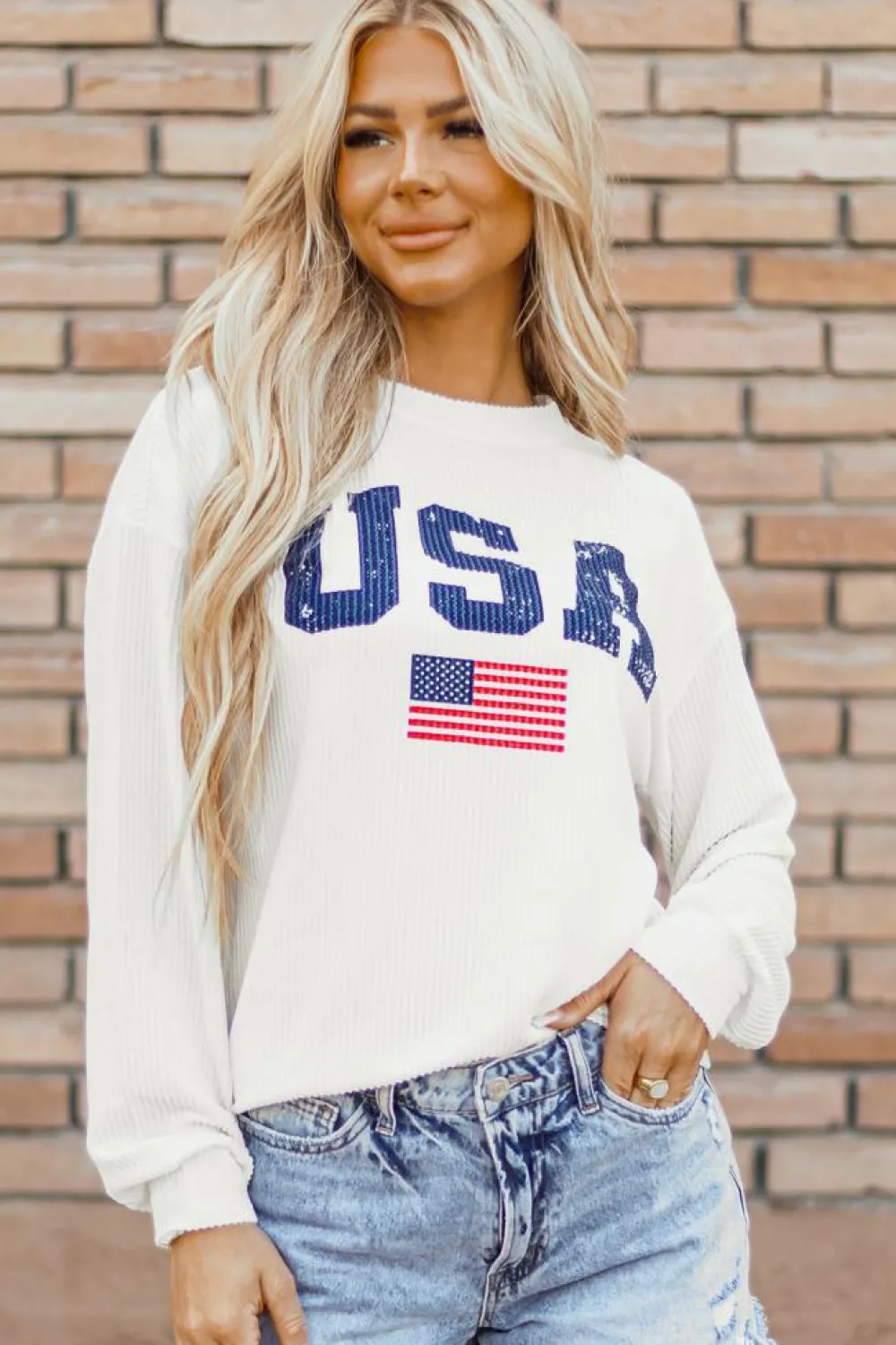 Hot Dear-Lover USA Flag Corded Graphic Sweatshirt White
