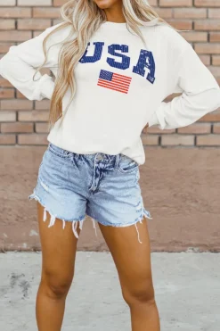 Hot Dear-Lover USA Flag Corded Graphic Sweatshirt White