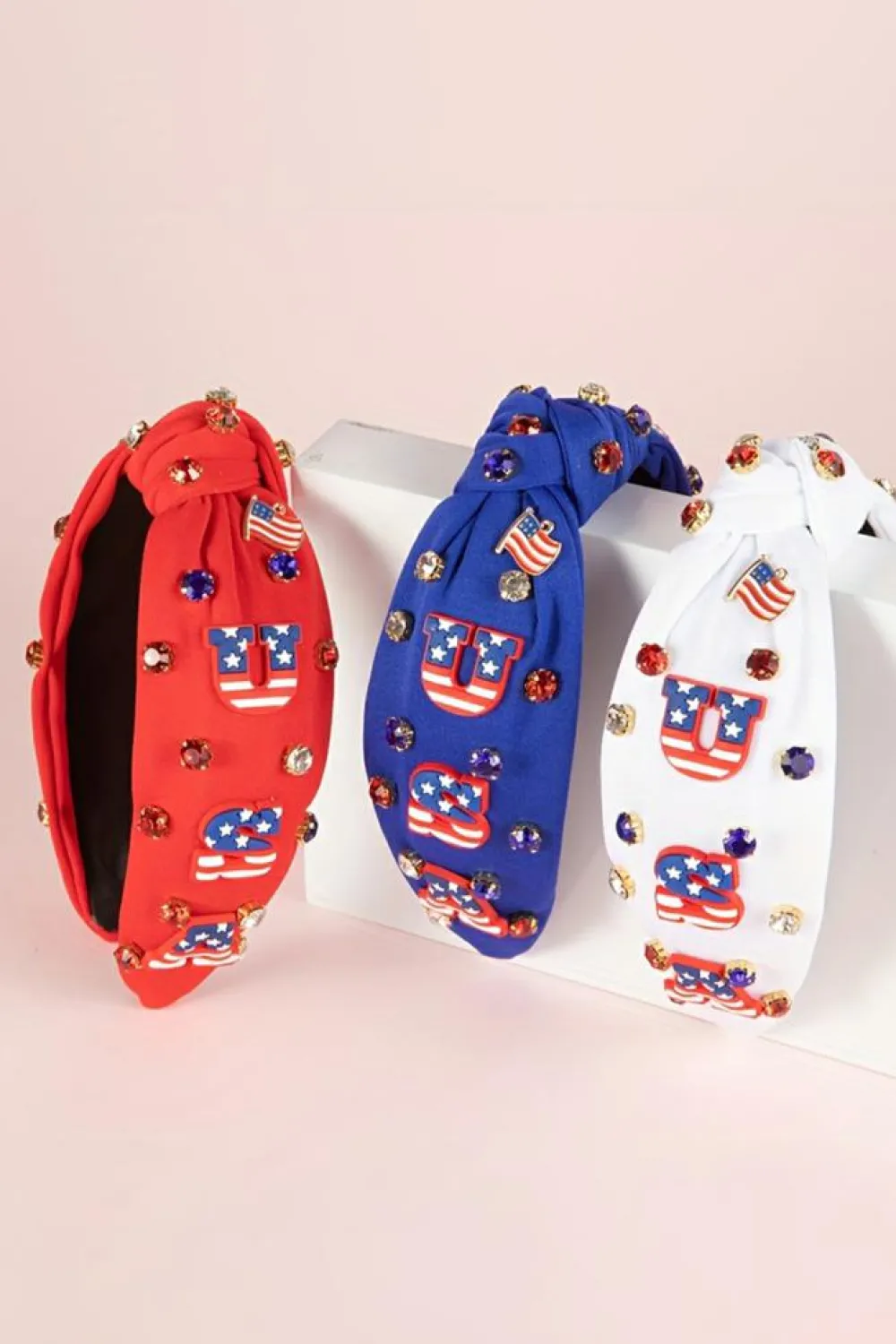 Fashion Dear-Lover USA Flag Gemstone Decor Knotted Wide Headband White