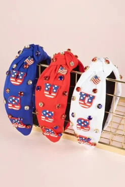 Fashion Dear-Lover USA Flag Gemstone Decor Knotted Wide Headband White