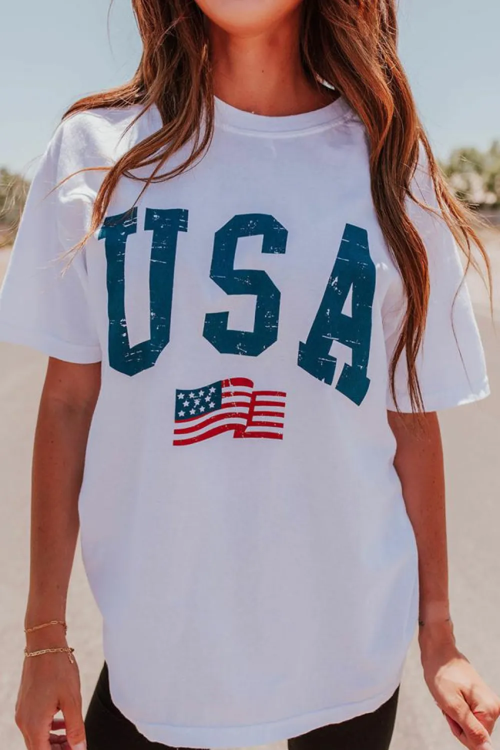 Clearance Dear-Lover USA Flag Graphic Oversized Tee White
