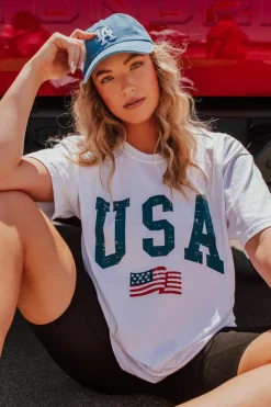 Clearance Dear-Lover USA Flag Graphic Oversized Tee White