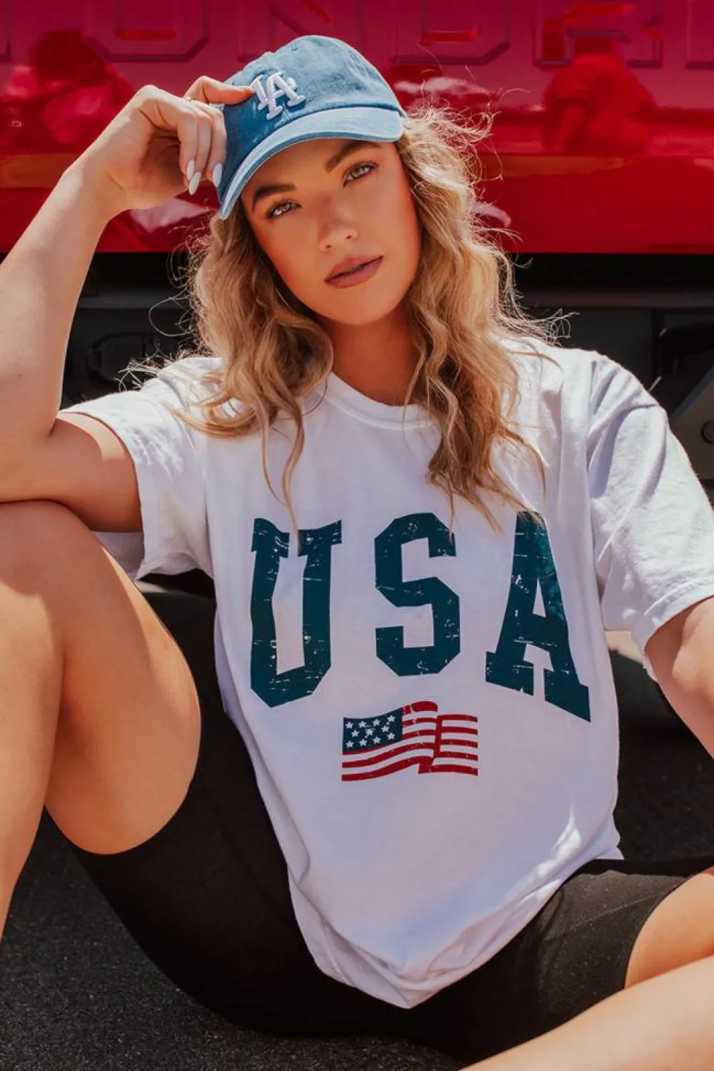 Clearance Dear-Lover USA Flag Graphic Oversized Tee White