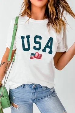 Clearance Dear-Lover USA Flag Graphic Oversized Tee White