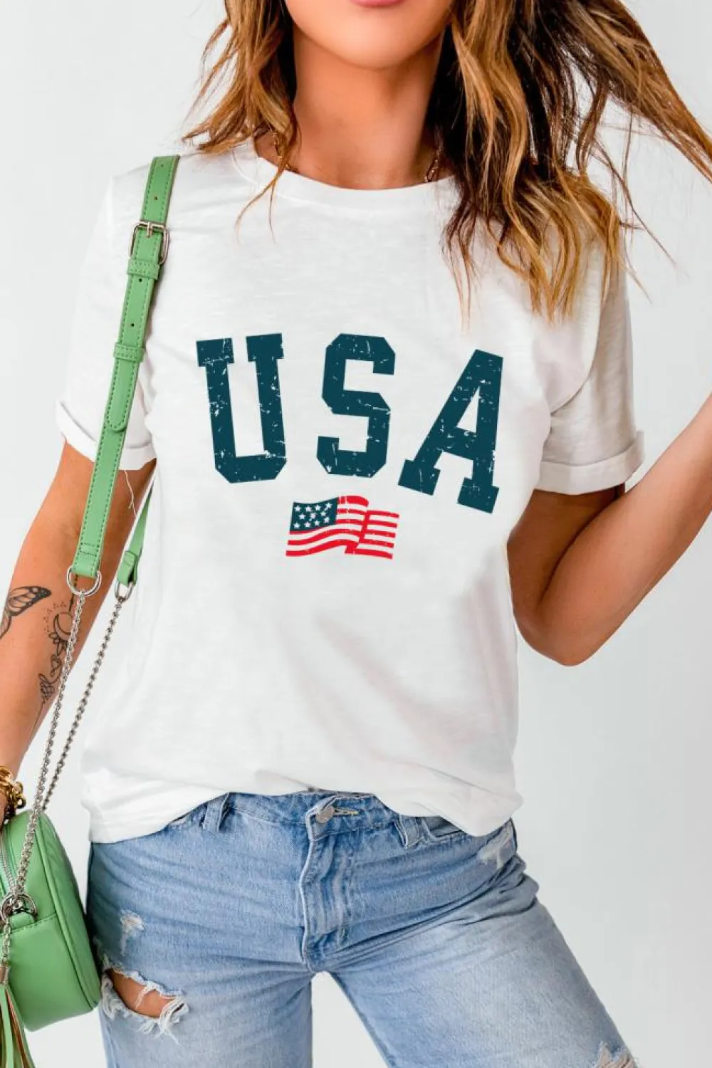 Clearance Dear-Lover USA Flag Graphic Oversized Tee White