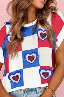 Clearance Dear-Lover USA Flag Inspire Colorblock Plaid Sequin Heart Graphic Short Sleeve Sweater White