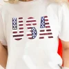 Best Dear-Lover USA Flag Sequin Patched Round Neck T Shirt White
