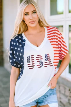 Clearance Dear-Lover USA Flag Sequin Patchwork Color Bock T Shirt White