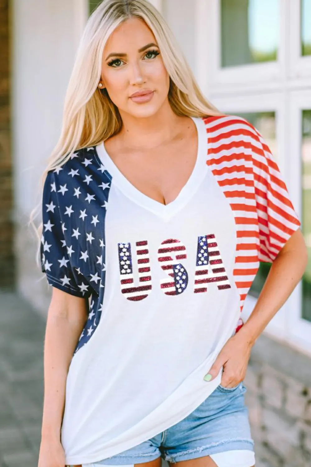 Clearance Dear-Lover USA Flag Sequin Patchwork Color Bock T Shirt White
