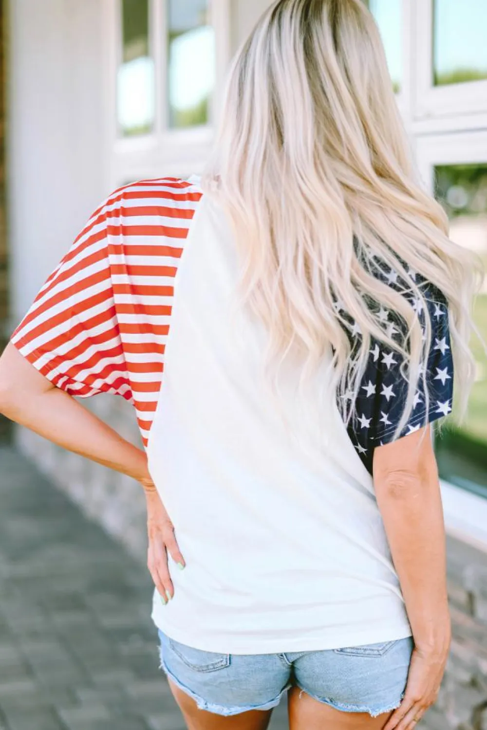 Clearance Dear-Lover USA Flag Sequin Patchwork Color Bock T Shirt White