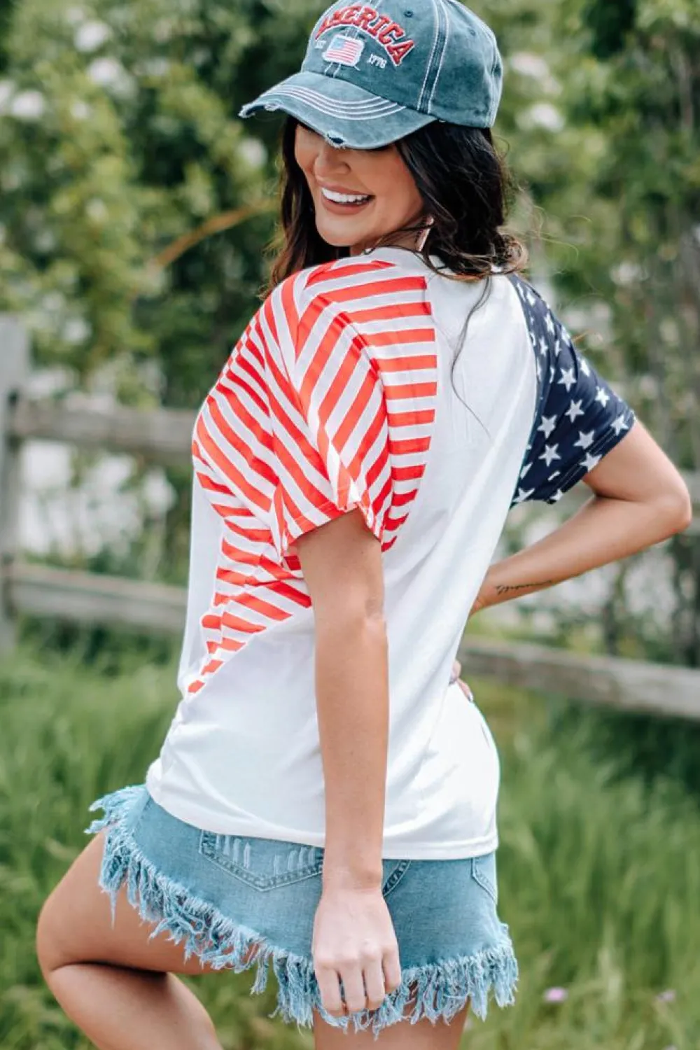 Clearance Dear-Lover USA Flag Sequin Patchwork Color Bock T Shirt White