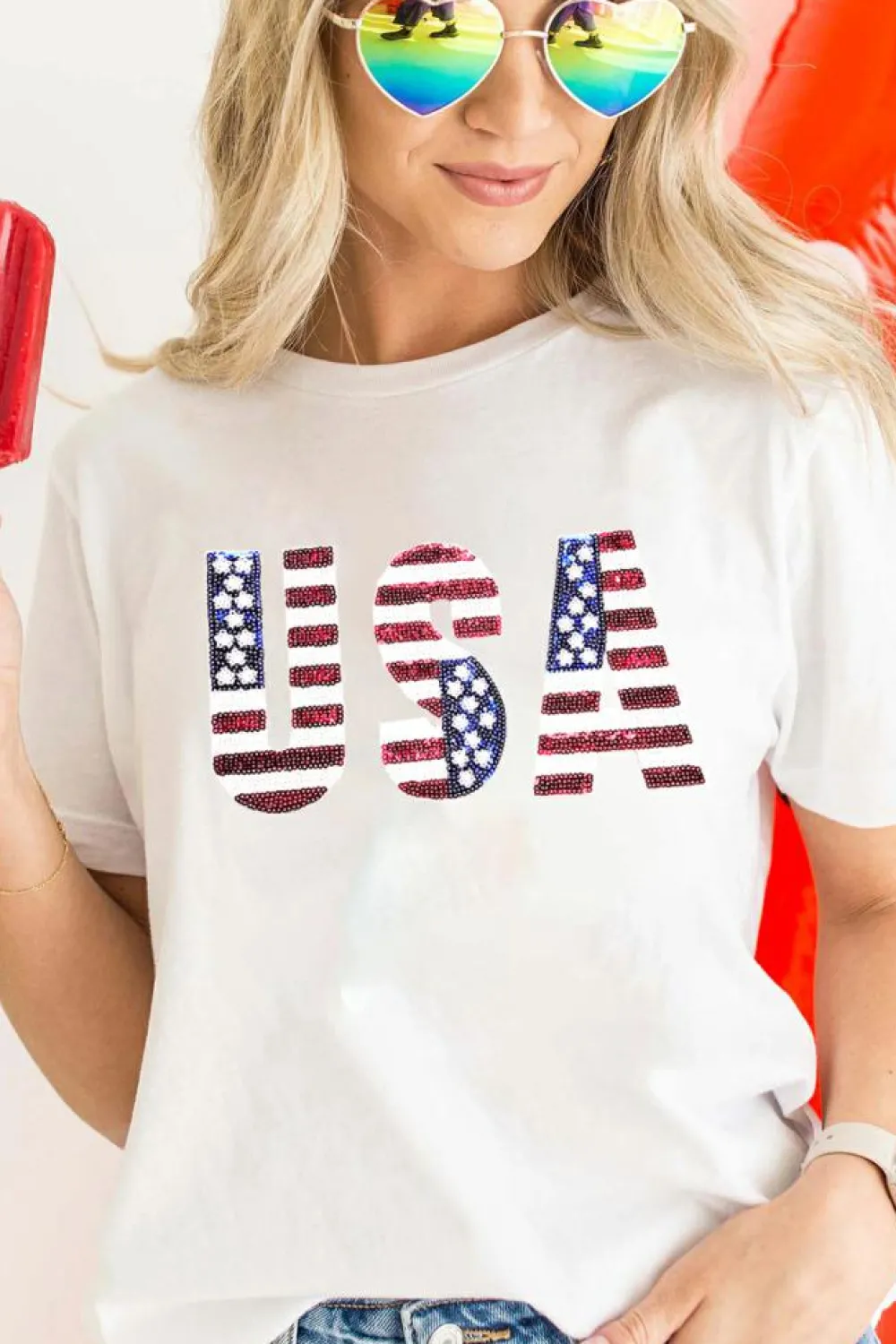 Best Dear-Lover USA Flag Sequin Patched Round Neck T Shirt White