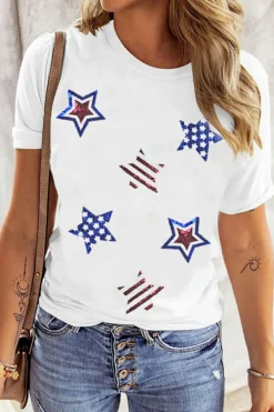 Best Dear-Lover USA Sequin Stars Patched Casual T Shirt White