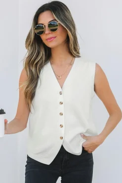 Discount Dear-Lover V Neck Buttoned Sweater Vest White