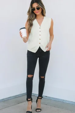 Discount Dear-Lover V Neck Buttoned Sweater Vest White