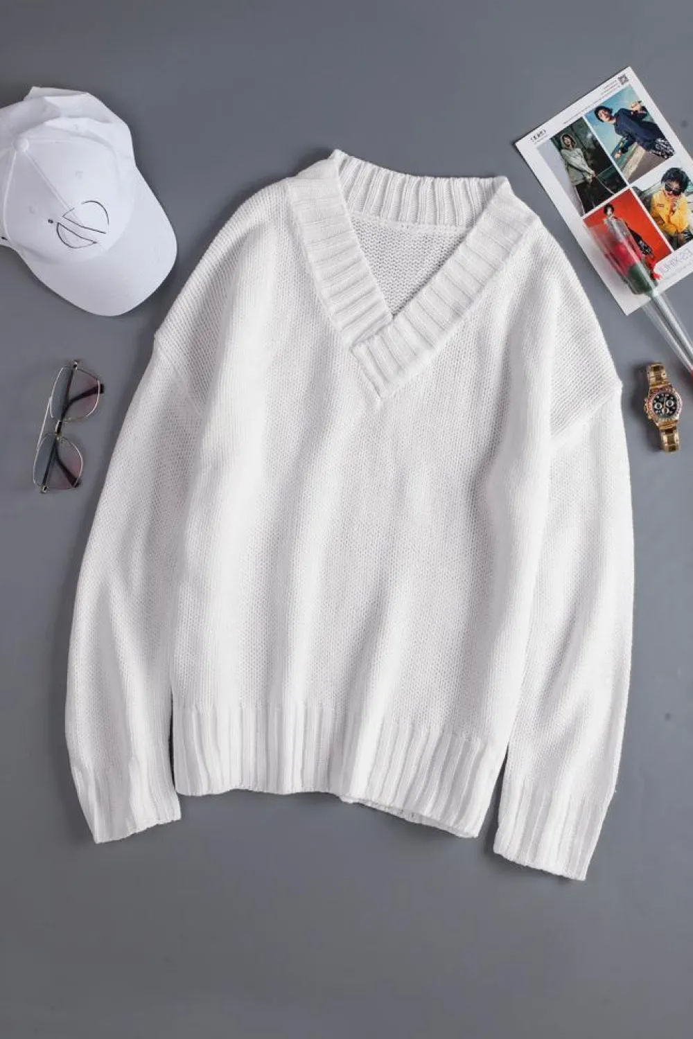 Discount Dear-Lover V neck Drop Shoulder Knitted Sweater White