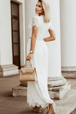 Fashion Dear-Lover V Neck High Waist Lace Maxi Dress White