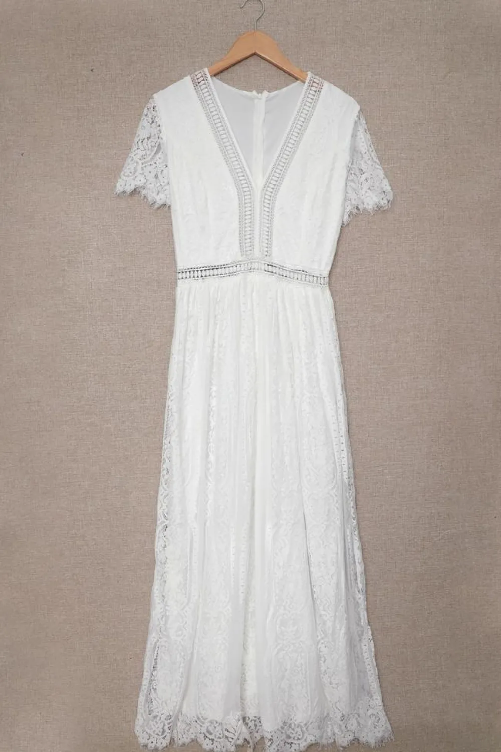 Fashion Dear-Lover V Neck High Waist Lace Maxi Dress White