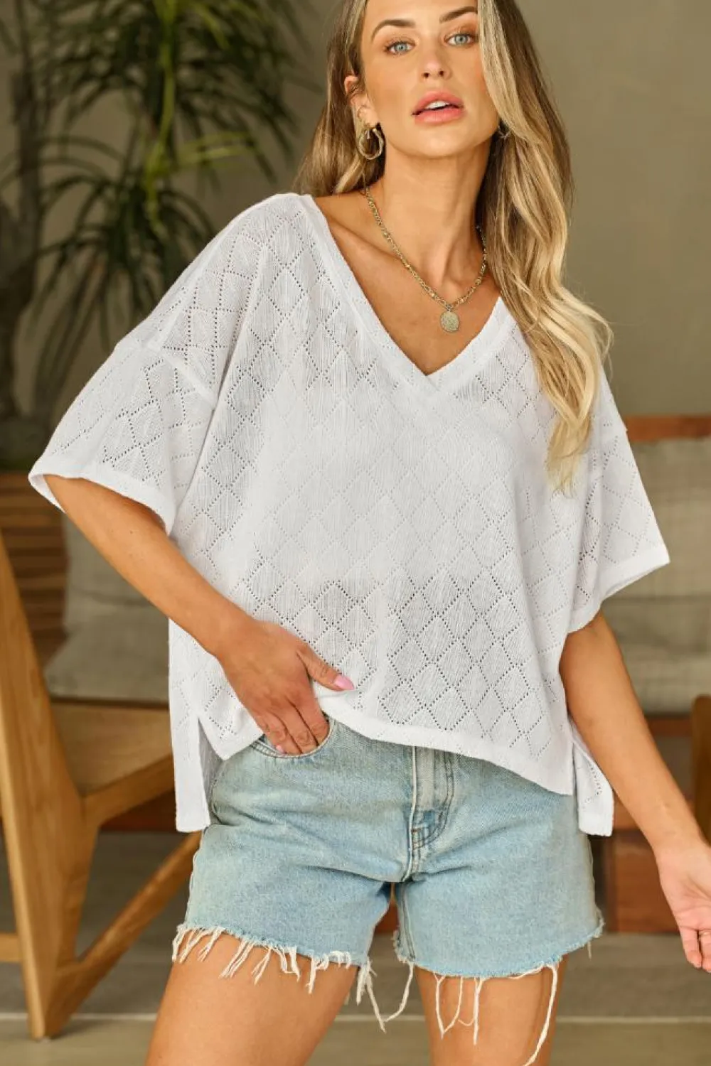 Hot Dear-Lover V Neck Knitted Flowy Blouse White