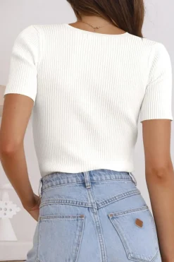 Outlet Dear-Lover V Neck Ribbed Knit Lightweight Short Sleeve Sweater White
