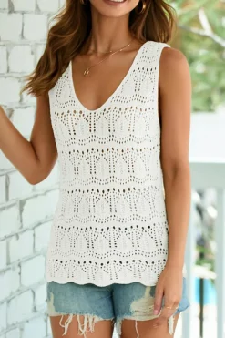 Fashion Dear-Lover V Neck Textured Hollow-out Sweater Vest White