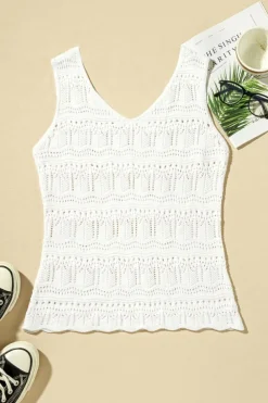 Fashion Dear-Lover V Neck Textured Hollow-out Sweater Vest White