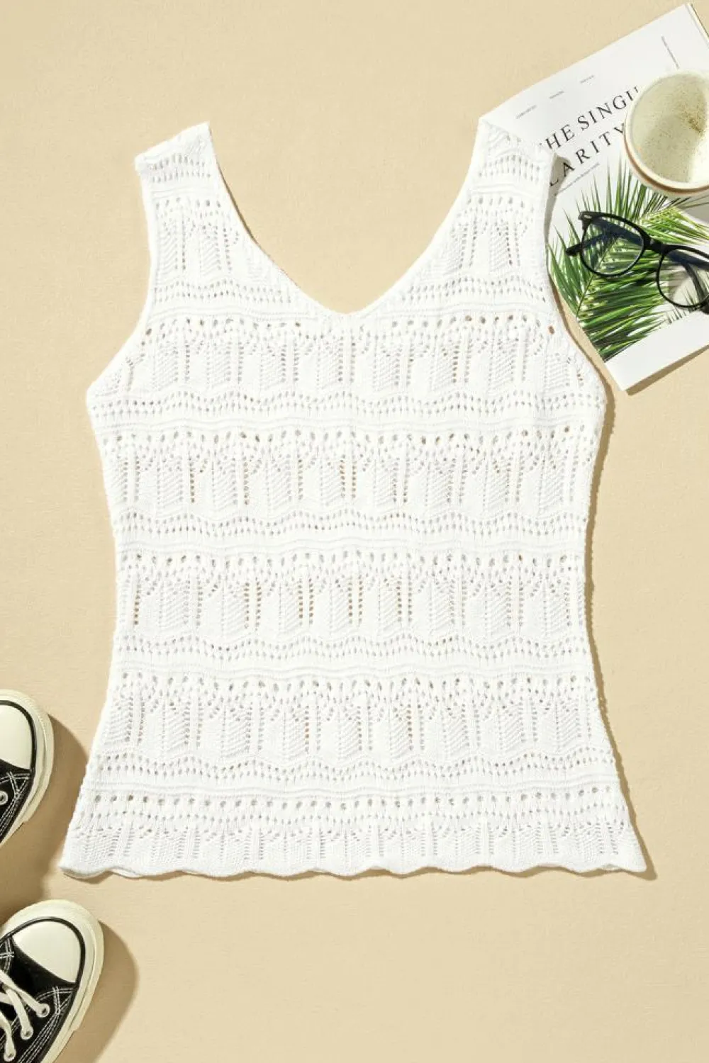 Fashion Dear-Lover V Neck Textured Hollow-out Sweater Vest White