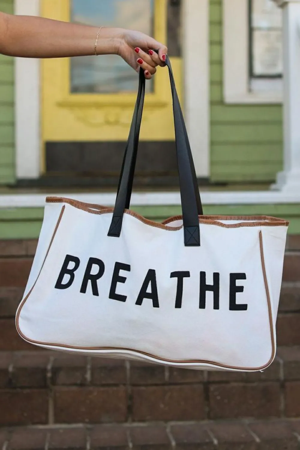 Clearance Dear-Lover Vacation BREATHE Contrast Trim Large Tote Bag White